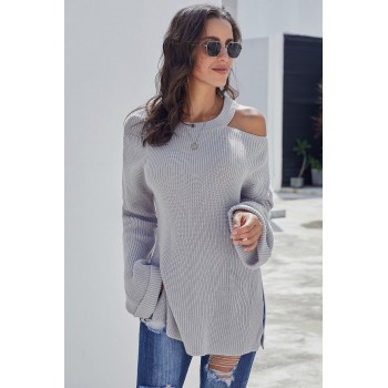 Gray Asymmetric Cut out Shoulder Pullover Sweater Red Black